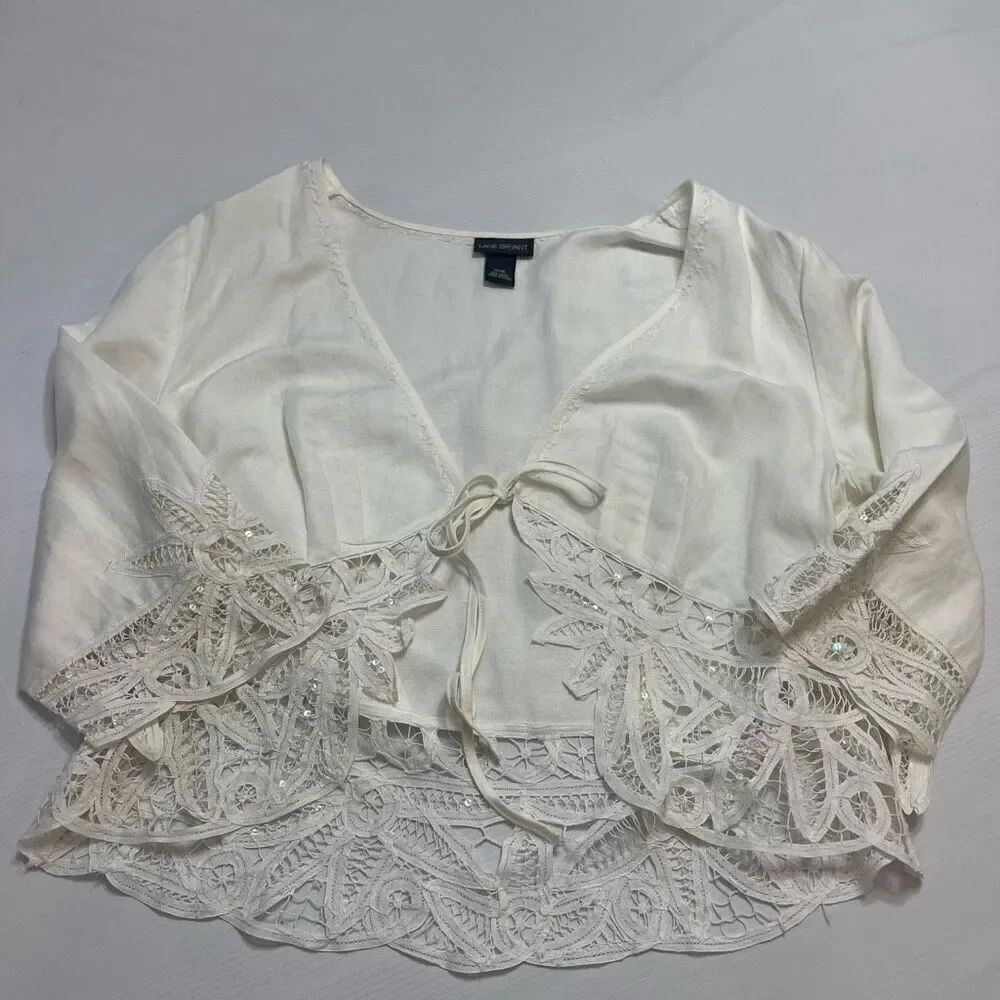 Lane Bryant Solid White Linen Crohet Lace Cardigan Size 14/16